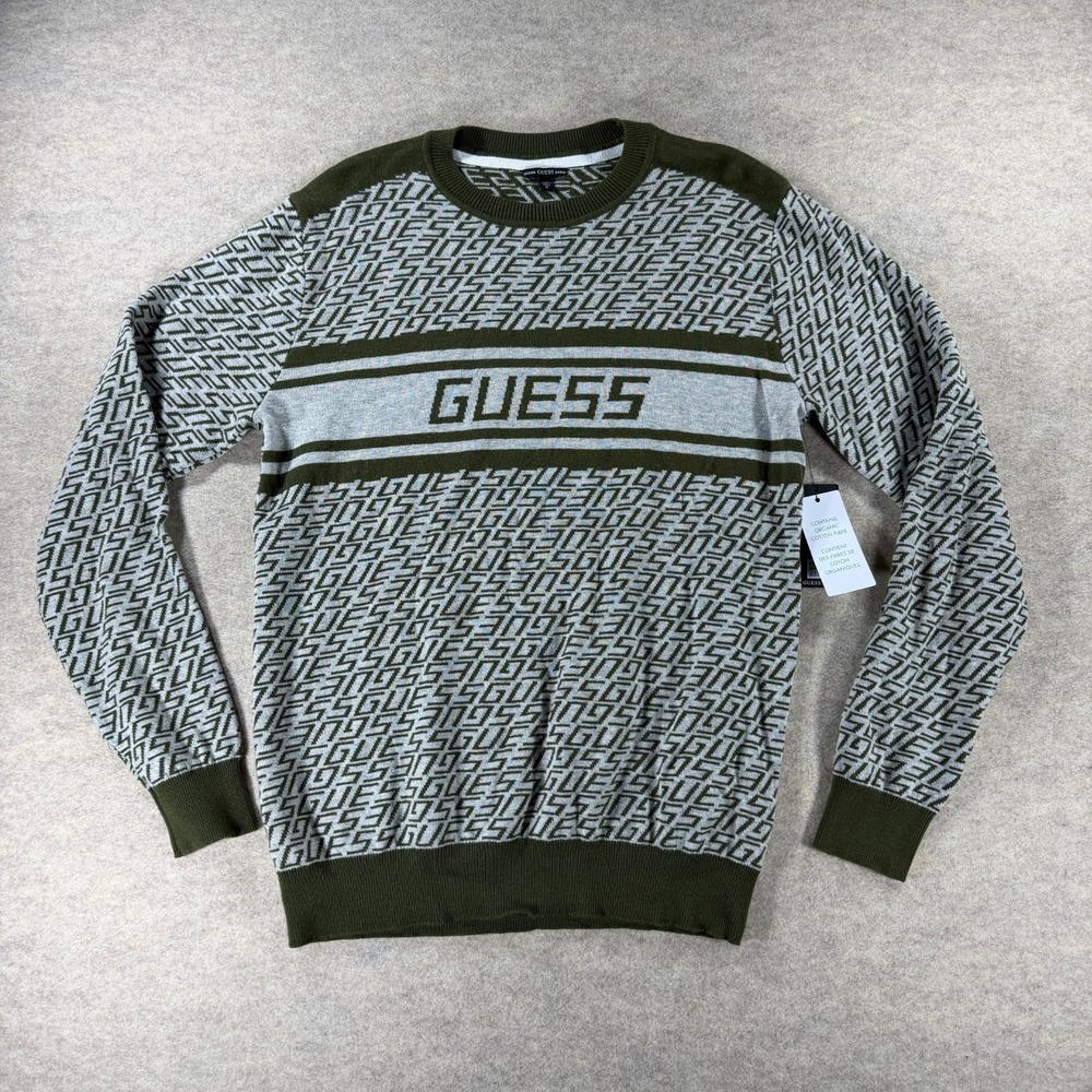 GUESS Mens Medium All Over Logo Sweater Green Gray Monogram Crewneck Knit NWT